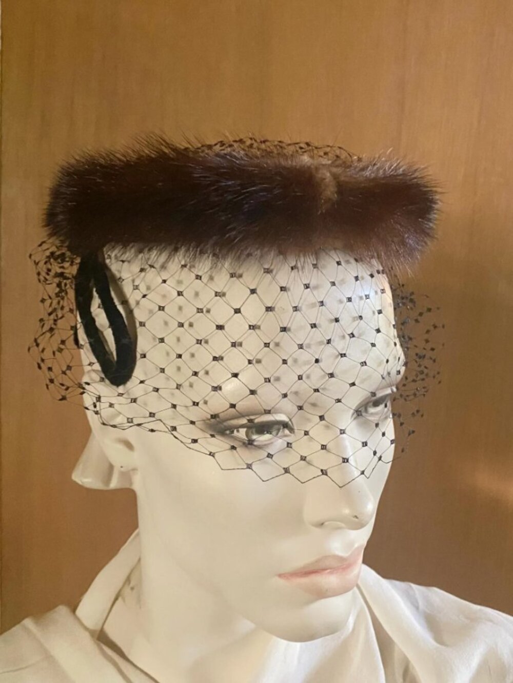 Mink Veiled Halo Fascinator Black Velvet Bow and Velvet Placement Pieces circa 1